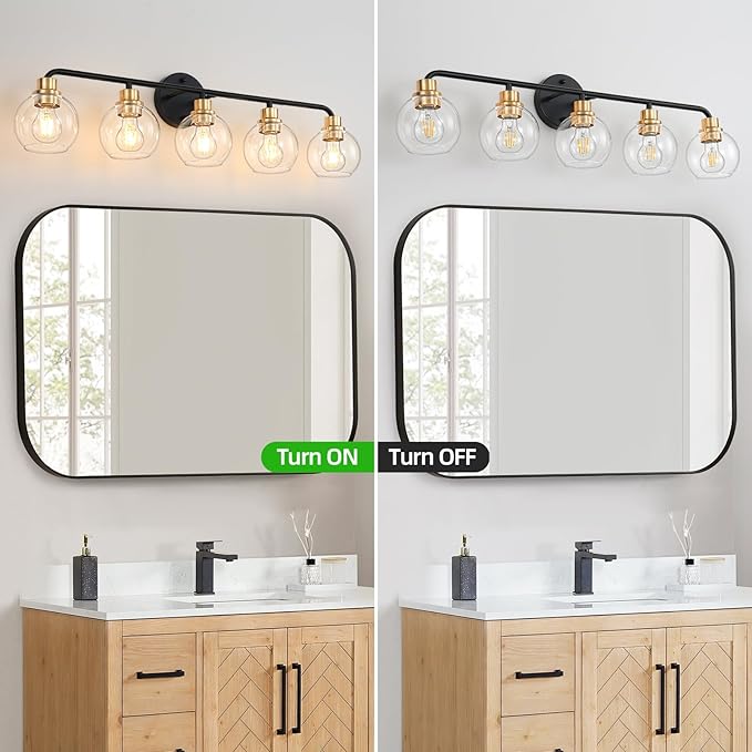 5 Light Bathroom Vanity Light, Black and Gold Bathroom Light Fixtures with Clear Glass Shade Modern Wall Sconces Lighting Bath Wall Lights Lamp for Mirror Kitchen Living Room Bedroom Hallway Cabinet