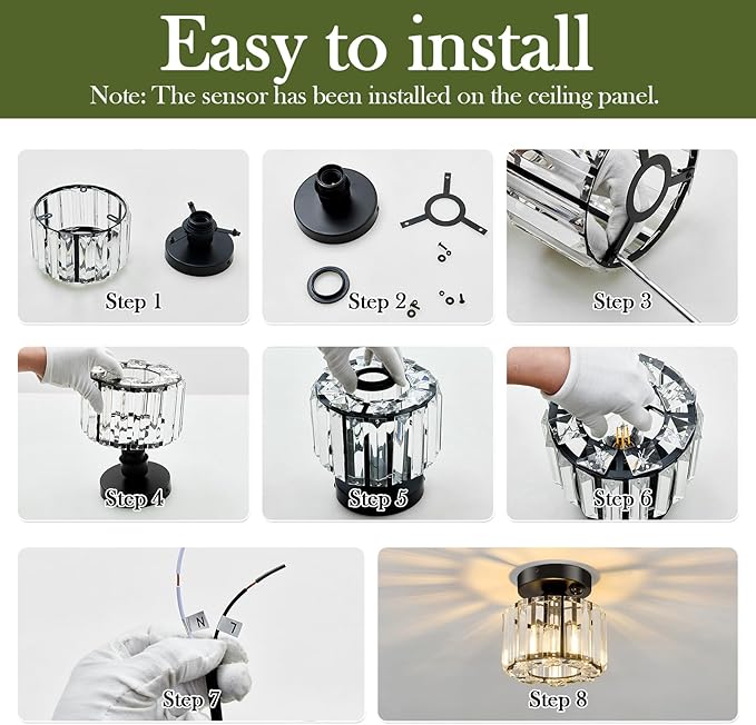 Indoor Motion Sensor Ceiling Light Fixture Modern Small Crystal Semi Flush Mount Ceiling Light Black Mini Round Chandelier for Hallway Closet Entryway Bathroom Kitchen