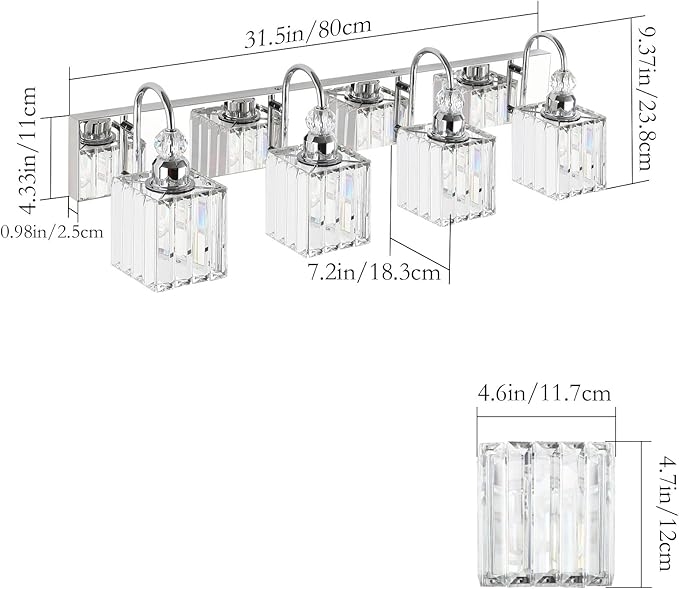 Ralbay Chrome Crystal Vanity Light 4-Lights 31.5'' Modern Bathroom Wall Lighting Over Mirror