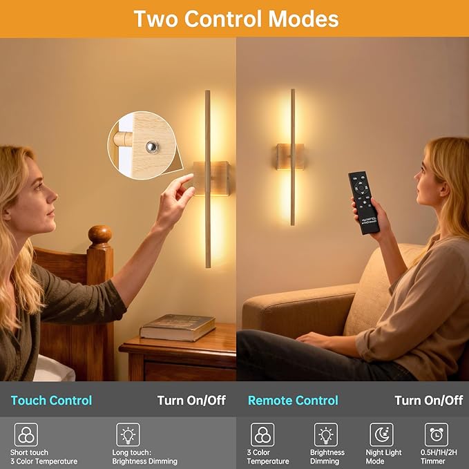 Shenmoyl Battery Operated Wall Sconce Set of 2, 8000mAh Rechargeable Wall Sconces, 3000K-6000K Dimmable, 350°Rotate, Indoor Wall Lights for Bedroom Living Room, Original Wood, 23.6 Inch