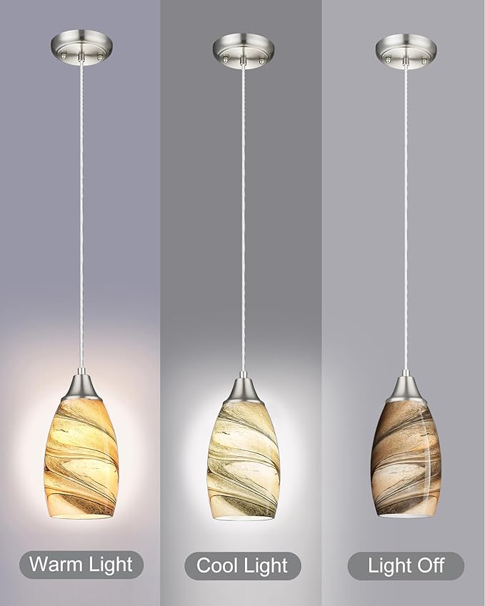 karyfine Mini Pendant Lights Kitchen Island Light Brown Glass Lamp Shade Hand Blown Glass Pendant Light with Brush Nickel Finish Adjustable Cord for Kitchen Over Sink, Dining Room (Light Brown-1P)