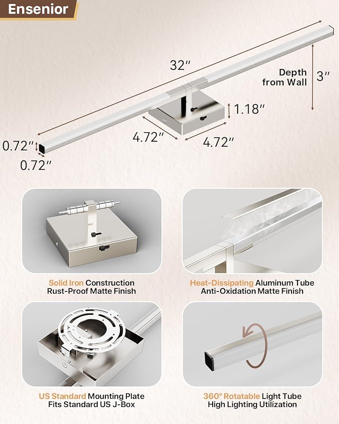 Ensenior Modern Brushed Nickel Bathroom Vanity Light 32 inch, Built-in Dimmer, 1450LM Dimmable 5CCT Led Bath Lights, Bar Vanity Light for Bathroom Mirror Cabinets Bedroom-FCC & ETL Certificated