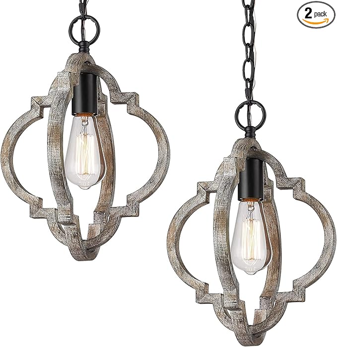 Farmhouse Pendant Lights, 2Pack Wood Dining Room Lighting Fixtures, Adjustable Height Hanging Pendant Lights for Foyer, Kitchen Island, Entryway