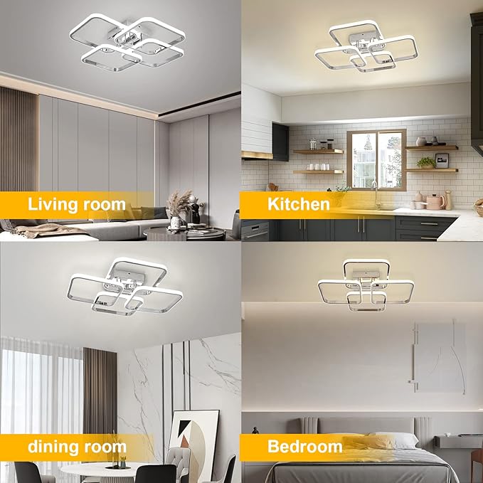 CANEOE Dimmable Modern Led Ceiling Light, 4 Rings Square Ceiling Lamp with Remote Control, 48W Chrome Acrylic Ceiling Lighting Fixture for Living Room Dining Room Kitchen Office Lamps