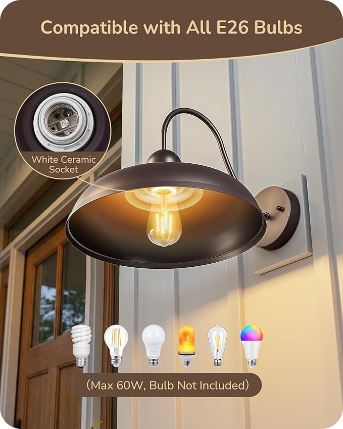 EDISHINE 12IN Farmhouse Outdoor Barn Light, 2 Pack Outdoor Wall Light Fixture, Gooseneck Outside Wall Sconce, Brown Wall Mount Lantern for Porch, Entryway, Garage