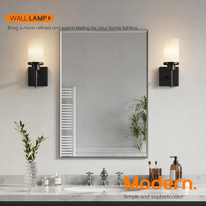 Wall Light Fixtures Matte Black Bathroom Vanity Lights Over Mirror with White Frosted Glass Shade, Wall Lamps for Porch Entrance, 2 Pack T001MB-L1-P2