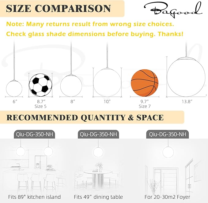 Bagood 14" Globe Pendant Light 3-Light Black Milk Glass Pendant Light Mid Century Modern Light Fixture Globe Pendant Lights Kitchen Island Matte Black Finished with Milk Glass Lampshade for Bedroom