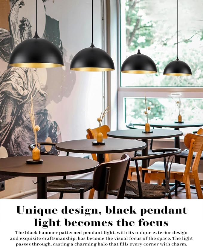 14 Inch Black Dome Pendant Lights, Large Pendant Light Kitchen Island 1 Pack, Black and Gold Island Pendant Light, Kitchen Pendant Lights for Dining Room, Living Room