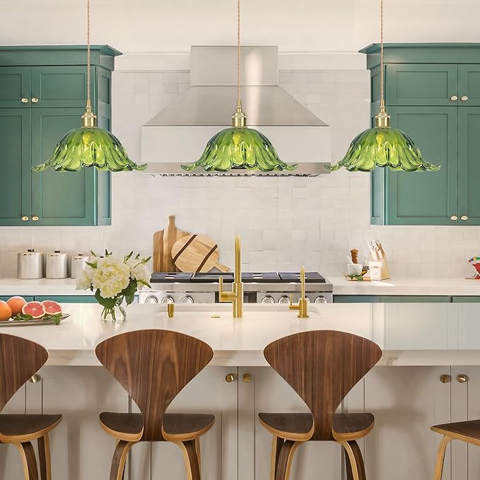 Battery Operated Pendant Light,Green Chandelier 2500mAh RGB Light Bulb 11in Vintage Light Fixtures with Remote Control Wireless Adjustable Rechargeable Chandelier for Kitchen Island Hallway 2pack