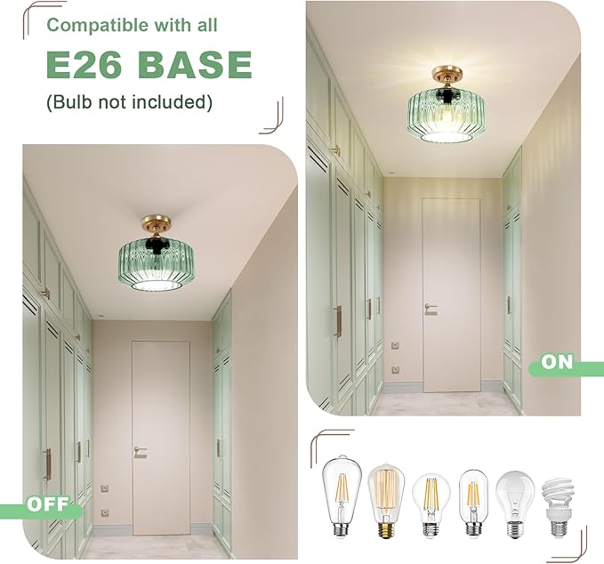 Vintage Thickened Glass Flush Mount Ceiling Light - 2 Pack Mint Green Semi Flush Mount Light Fixture Gold Chandelier Closet Light for Cottage Porch Corridor Bedroom