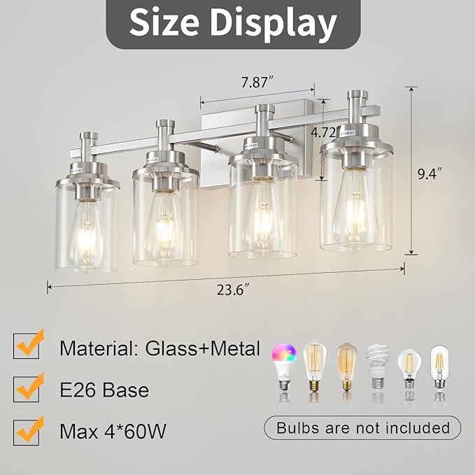 Brushed Nickel 4-Light Bathroom Vanity Light Fixtures Over Mirror, Modern Wall Sconce with Clear Glass Shade for Hallway, 23.6"x7.0"x9.4"