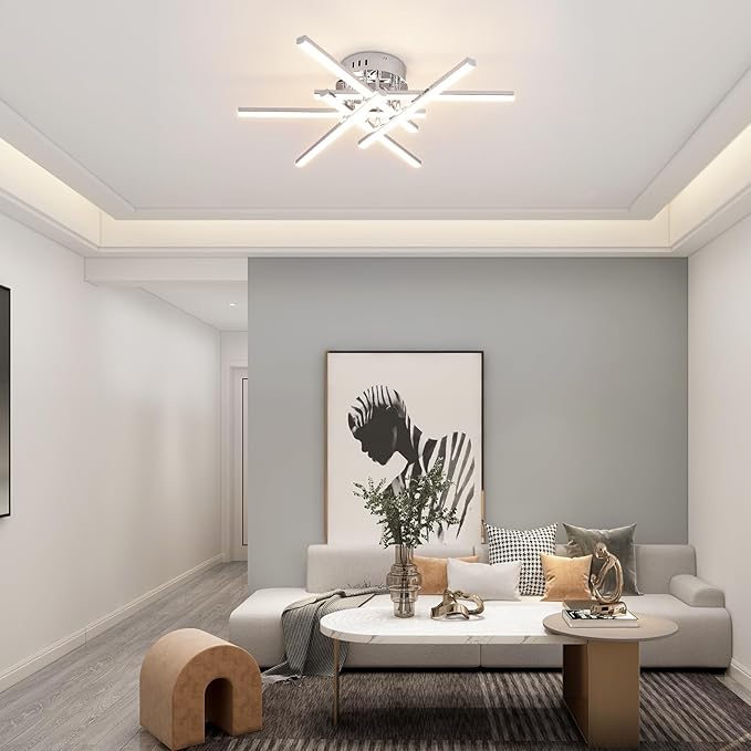CANEOE Modern Led Ceiling Light,50W Sputnik LED Dimmable Ceiling Light Fixture with Remote Control, Chrome Flush Mount Chandelier Ceiling Lighting for Bedroom Living Room Kitchen Office Ceiling Lamp