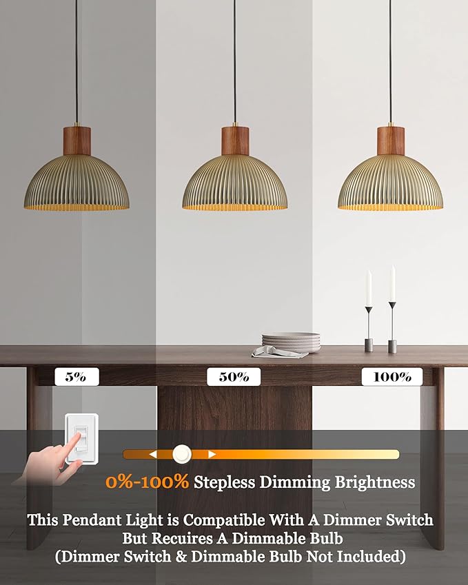 ELYONA Vintage Ash Wood Dome Pendant Light 12" Hanging Lamp with Brushed Brass Metal Shade & Gold Inner Finish, Modern Pendant Light Fixtures for Kitchen Island Dining Room Bedroom Living Room Hallway