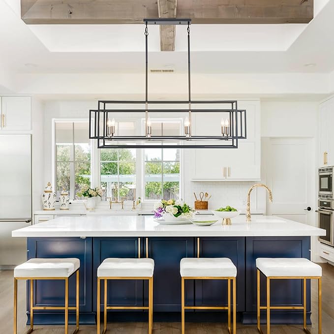 8-Light Kitchen Island Lighting, Black and Sliver Rectangle Chandeliers for Dining Room, Metal Farmhouse Dining Room Light Fixtures Over Table, Linear Chandelier with Brushed Nickel Socket
