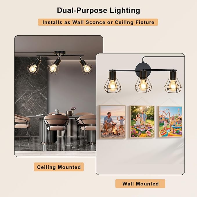 HiBay Track Lighting Plug in, 3-Light Directional Ceiling Light Fixture Black, Farmhouse Plug-in Track Light E26 Wall Spotlight with 16.4ft Cord & in-Line On/Off Switch for Kitchen Dining Room