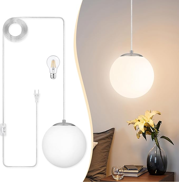 KoKo&Yukina 8" Globe Pendant Light Nickel Plug in Pendant Light Adjustable Hanging Lights with Plug in Cord Nickel Finished with Milk Glass Lampshade for Bedroom Kitchen Island (Bulb Included)