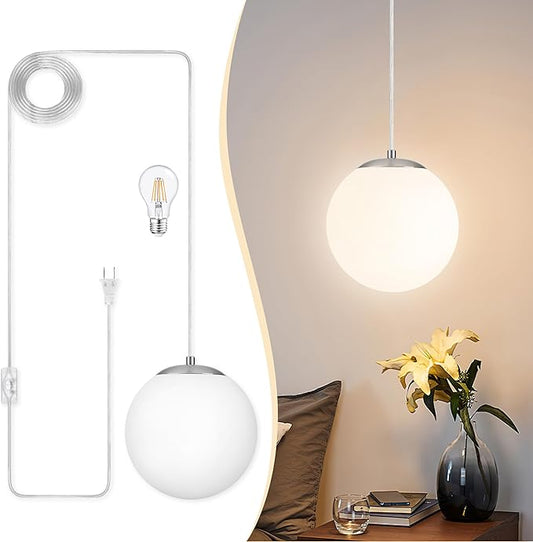 KoKo&Yukina 8" Globe Pendant Light Nickel Plug in Pendant Light Adjustable Hanging Lights with Plug in Cord Nickel Finished with Milk Glass Lampshade for Bedroom Kitchen Island (Bulb Included)