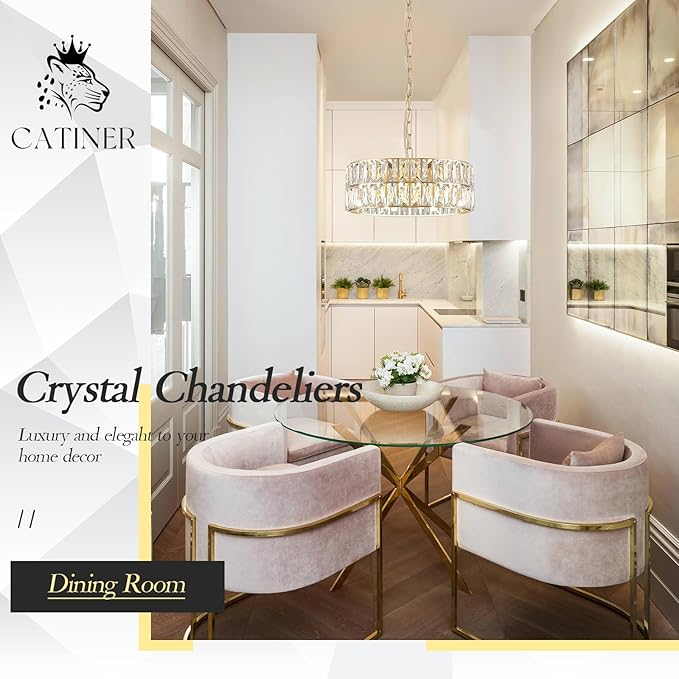 CATINER Small Gold Crystal Chandeliers, Modern Semi Flush Mount Chandelier 4-Light Drum Crystal Ceiling Pendant Light Fixture 12” for Foyer Entryway Kitchen Hallway Dining Room