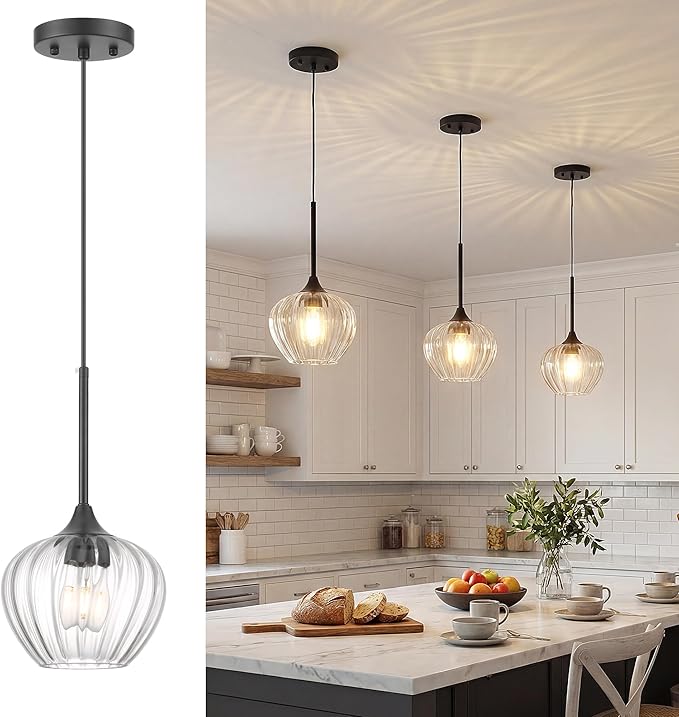 Glass Pendant Lights for Kitchen Island, 7" Modern Matte Black Pendant Light Fixtures Small Farmhouse Hanging Light for Kitchen, Dining Room, Sink, Bathroom