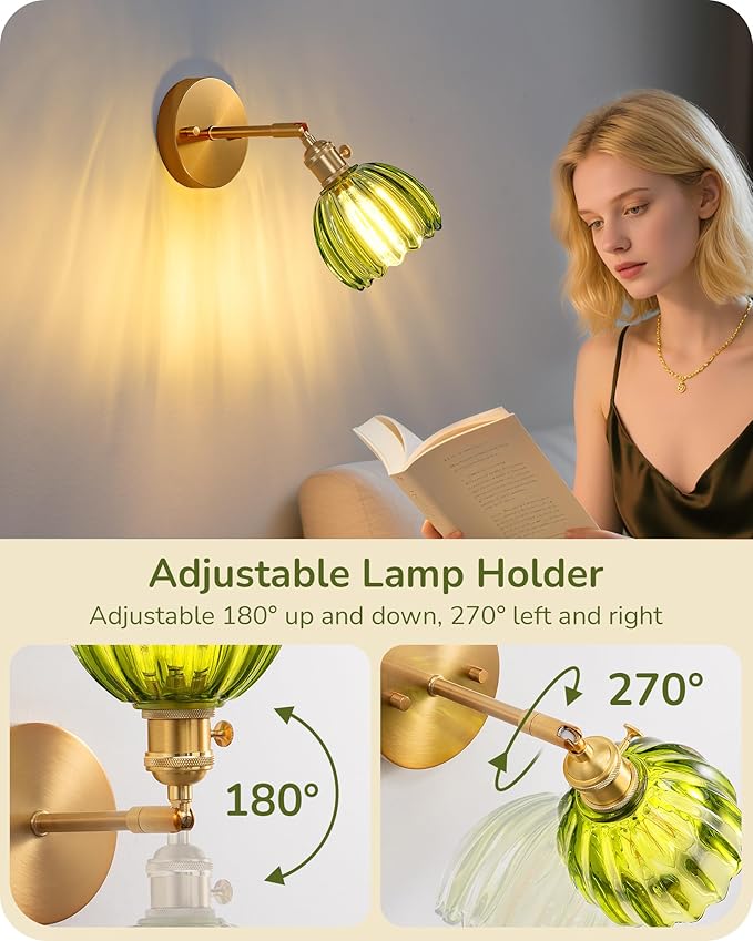 EDISHINE Hardwired Wall Sconces Set of Two, Vintage Wall Lighting Fixture with Green Tulip Glass Lampshade 180 Degree Adjustable, Brass Gold Wall Lamp for Bedroom Living Room Hallway Bathroom