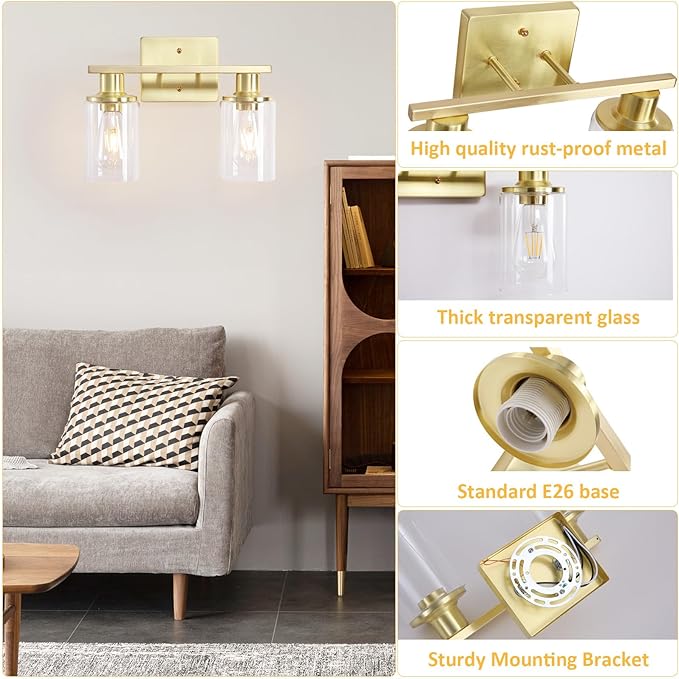 2-Light Gold Bathroom Vanity Light,Brushed Gold Bathroom Light Fixtures Over Mirror with Clear Glass Shade,Modern Wall Sconces Lighting for Kitchen Living Room Cabinet Hallway