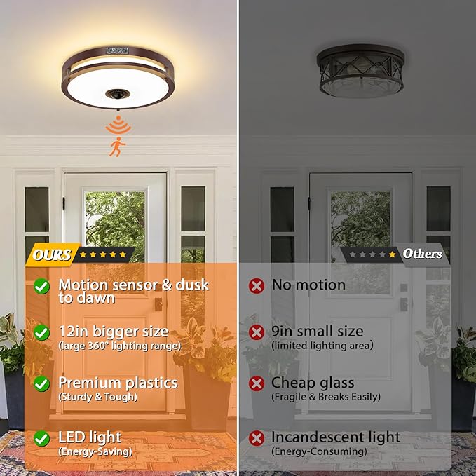 24W LED Motion Sensor Outdoor Ceiling Light, 12IN 2700K/3000K/3500K/4000K/5000K Brown Adjustable Ceiling Lights, Dusk to Dawn Flush Mount LED Ceiling Light Fixture for Porch, Garage