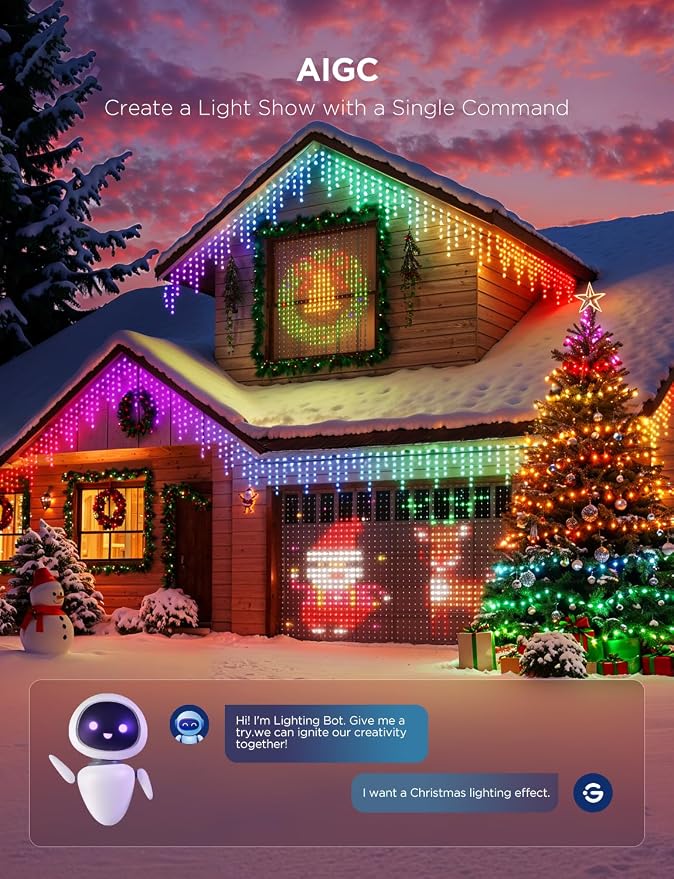 Govee Outdoor Lights Set, Includes Curtain Lights, String Lights, & Icicle Lights, House Decor for Indoors & Outdoors, RGBIC Smart LED Lights, Holly-Jolly Christmas Bundle 1 Pack Each