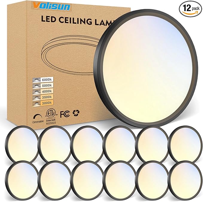 VOLISUN 12Pack 5CCT LED Flush Mount Ceiling Light, 7 inch Dimmable Ultra-Thin LED Ceiling Light Fixture, 3000K-6500K Selectable, 15W LED Ceiling Lights for Bedroom, Kitchen, Closet and Hallway (Black)