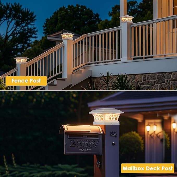 4 Pack Solar Post Cap Lights Outdoor Waterproof, Fits 4x4, 5x5, 6x6 Wooden & Vinyl Fence Decks with Warm & Cool White Light Modes (Classic White, 4)