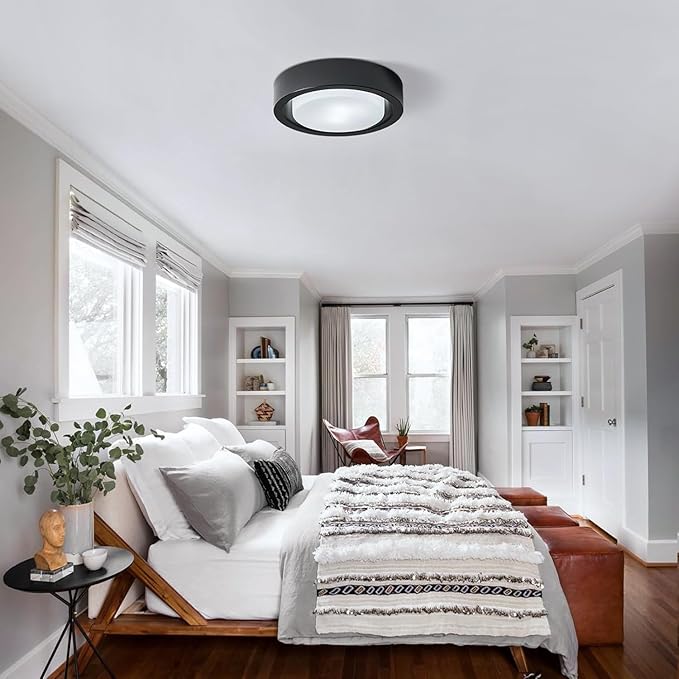 COTULIN Black Flush Mount Ceiling Light,13 Inch Matte Black Ceiling Lighting Fixture,2-Light Modern Round Metal Lamp with White Frosted Glass Shade for Hallway Bedroom Closet Outdoor