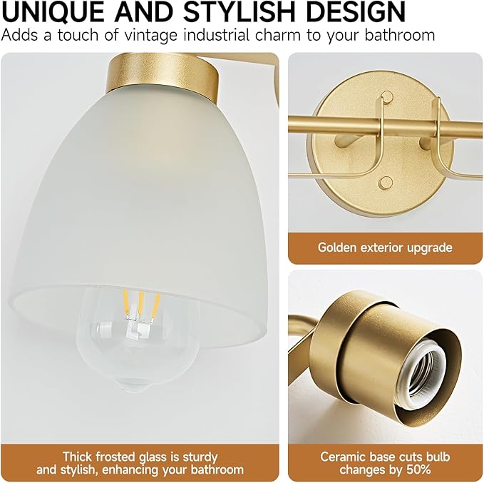 16 Inch Mid-Century Modern Vanity Lights, 2-Light Golden Bathroom Light Fixture with Frosted White Bell Shades, Industrial Wall Sconce for Mirror Over Vanity, Bedroom, Hallway (2 Pack)