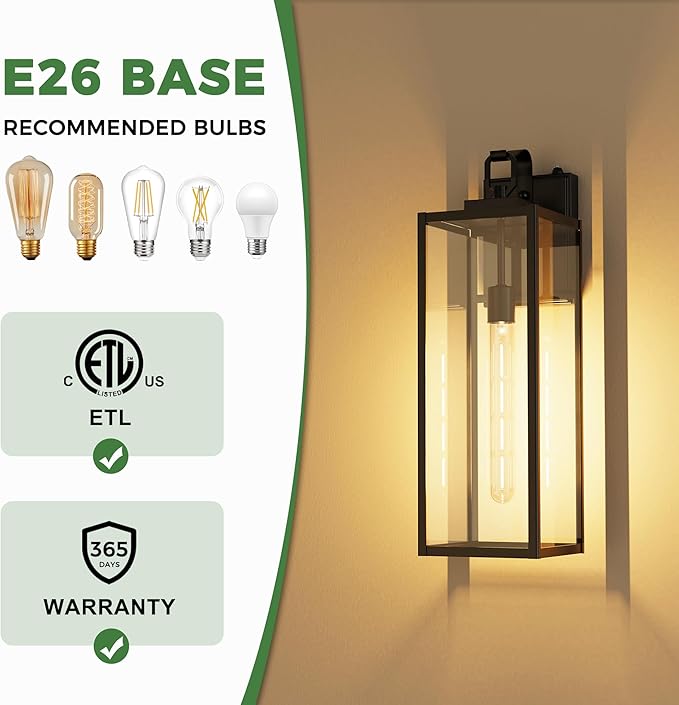 DORESshop 20 Inch Large Size Dusk to Dawn Outdoor Wall Lights, Matte Black Waterproof Anti-Rust Outdoor Light Fixtures Wall Mount with Clear Glass Shade for Porch, with T30 Light Bulbs, 2 Pack