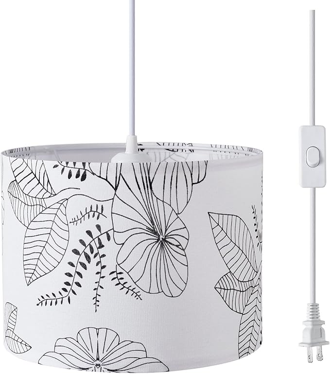 KUAUGST Plug in Pendant Light, 15 FT Hanging Lamp with Plug in Cord, On/Off Switch, Pendant Lighting with Fabric Shade, Hanging Light Fixture for Living Room, Bedroom, Dining Room, Kitchen