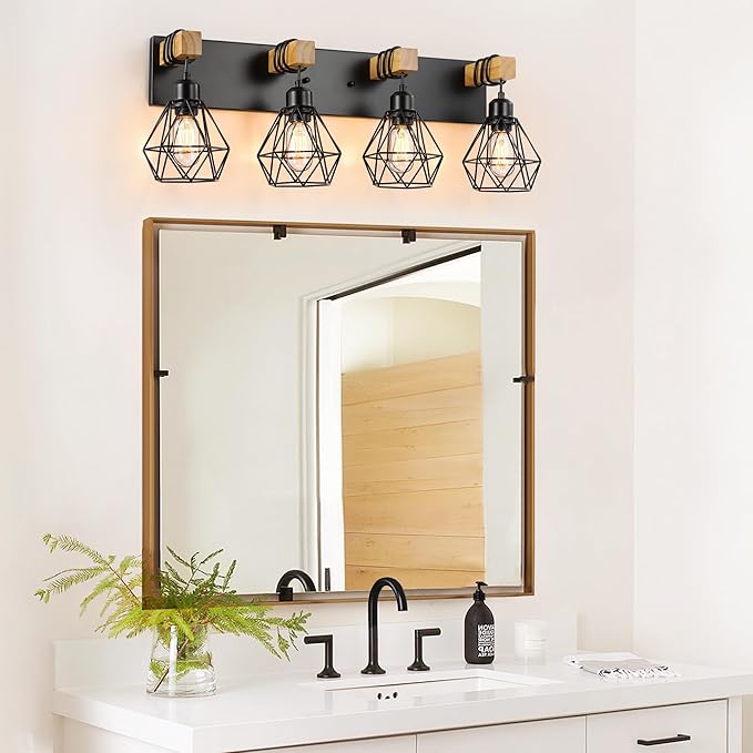 4-Light Farmhouse Bathroom Vanity Light Fixtures, Wood Bathroom Light Fixtures Over Mirror, Rustic Sconces Wall Lighting with Elegant Metal Lampshade for Living Room, Bedroom, Hallway
