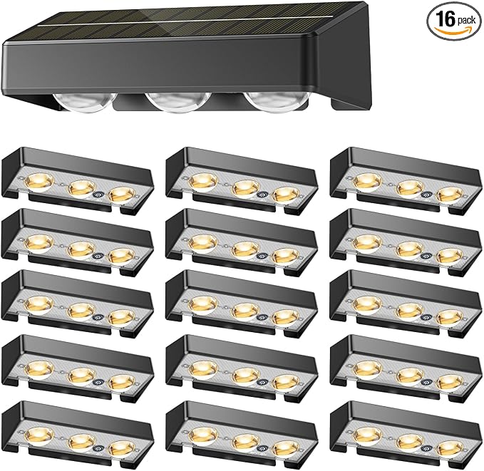 NIORSUN Solar Fence Lights,16 Pack Solars Deck Light,RGB Color,Outdoor Bulb Waterproof Led IP65,Outdoor Fence Light,Power Patio Lamp with Lenses for Outside/Backyard/Railing/Yard(Black)