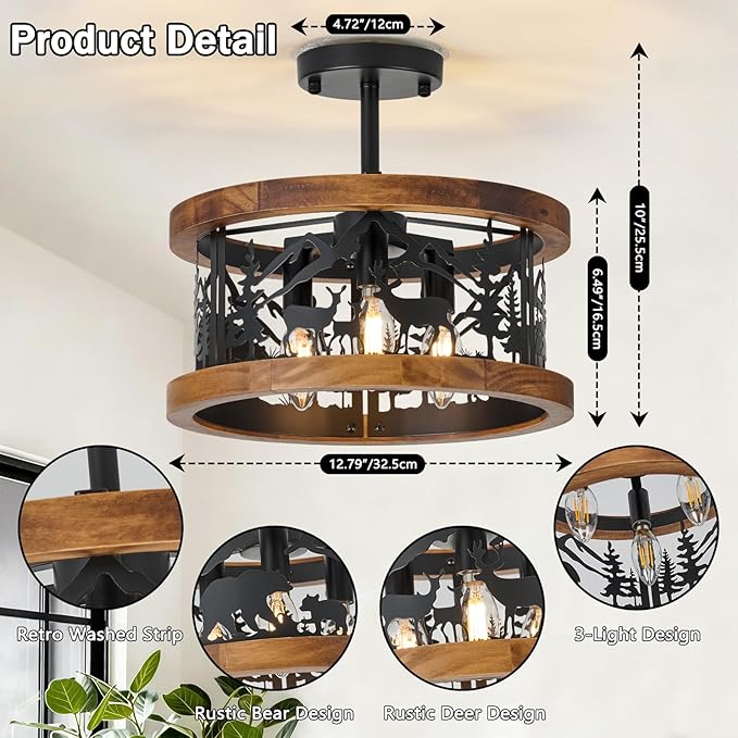 Farmhouse Rustic Ceiling Light Fixtures - Deer Bear Design, 3-Light Round E12 Base Black Metal Brown Wood Fixture Ideal for Kitchen, Living Room,Foyer, Bedroom, Hallway, and Rustic Style