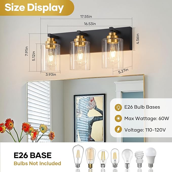 Fivesun Bathroom Vanity Light Fixture, 3-Light Black and Gold Bathroom Light Fixtures Over Mirror with Clear Glass Shades, Modern Vanity Lights for Bathroom Living Room Hallway (Bulbs Not Included)