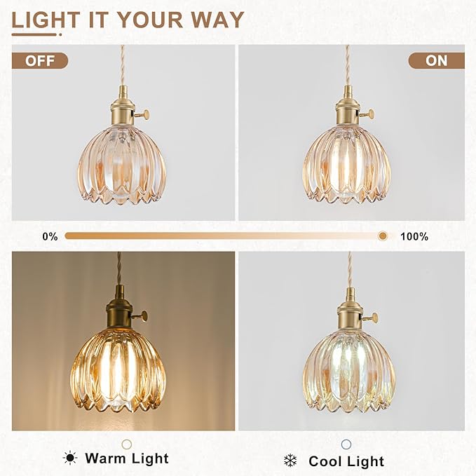 Mini Pendant Lights Kitchen Island 3 Pack, Small Adjustable Pendant Light Fixture with Amber Tulip Glass Lampshade, Vintage Gold Pendant Lighting, Pendant Light for Bedroom Dining Room Hallway
