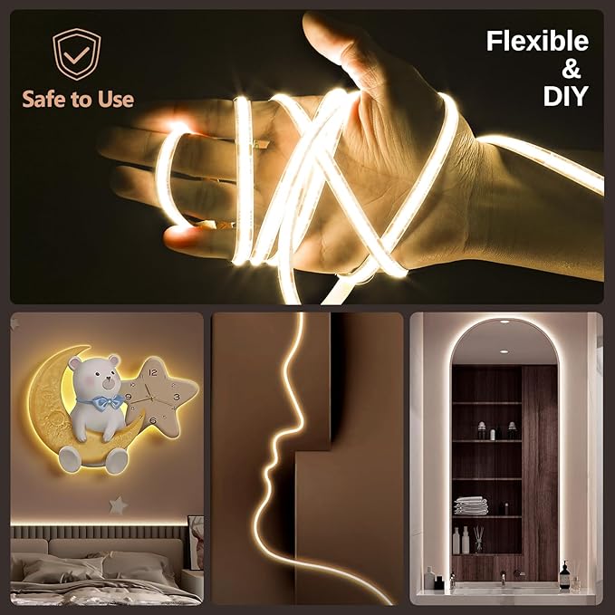 COB LED Strip 32.8ft, Dimmable 2700K-6500K High Bright Dotless LED Tape Light with Remote and APP Control, 6080LEDs, DC24V, CRI>90, 8mm Width, Warm White to Cool White LED Strip Lights for Bedroom