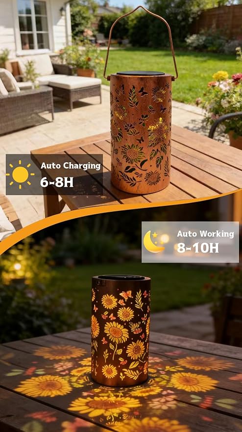 Colorful Sunflower Solar Lantern Outdoor Waterproof Garden Decorative Light, Hanging & Tabletop Solar Powered Lantern with Projection Pattern for Patio Garden Yard Balcony(Sunflower)
