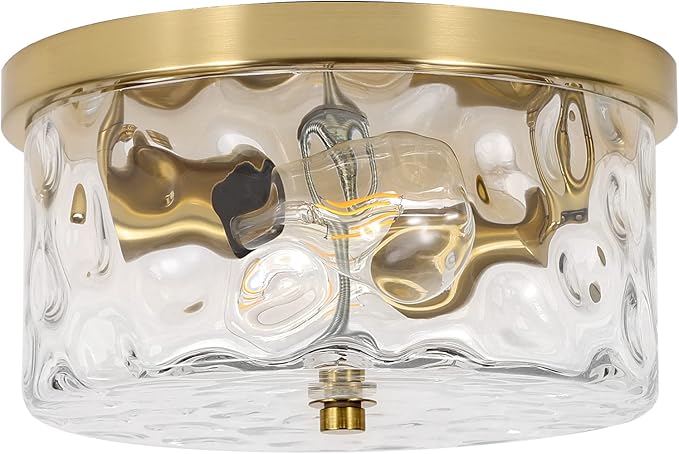 Krychiler 2-Light Flush Mount Ceiling Lights, 9.8 inch Foyer Lighting Fixtures with Ripple Glass Shade, Kitchen Lights Flush Ceiling Light Fixture for Bedroom, Island (Gold)