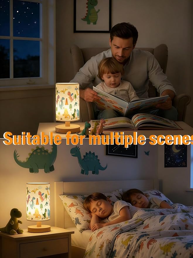 Kids Table Lamp for Bedroom,Dinosaur Room Decor for Boys,3 Level Dimmable Wood Nightstand Desk Base Flaxen Fabric Shade for Bedroom Living Room,Dinosaur Gifts for Boys (Colour)