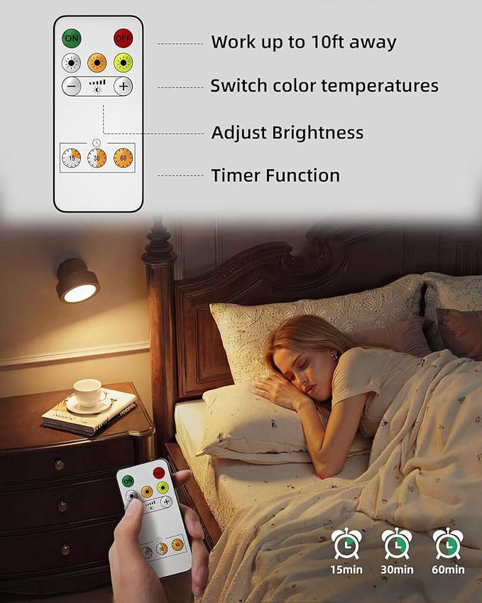 EZVALO LED Wall Mounted Light, 3000mAh Rechargeable Cordless Wall Sconce, Dimmable with Remote & Touch Control, 3 Color Temps, 360° Rotatable for Bedroom, Bedside, Reading(Walnut)