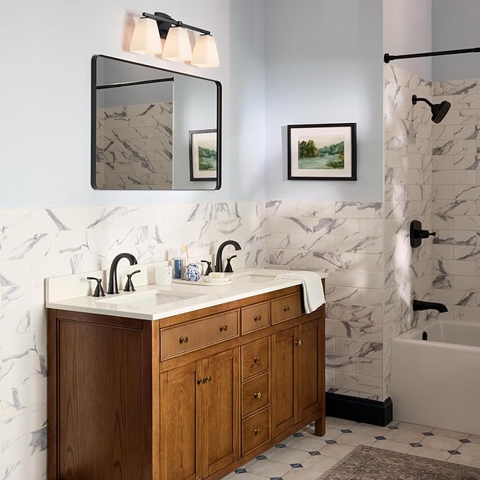Kichler Marant 21.25" 3-Light Bathroom Vanity Light Fixture with Opal Glass in Black, Modern Wall Mount Lighting for Powder Room Over Mirror (21.25" W x 9.5" H), 55216BK