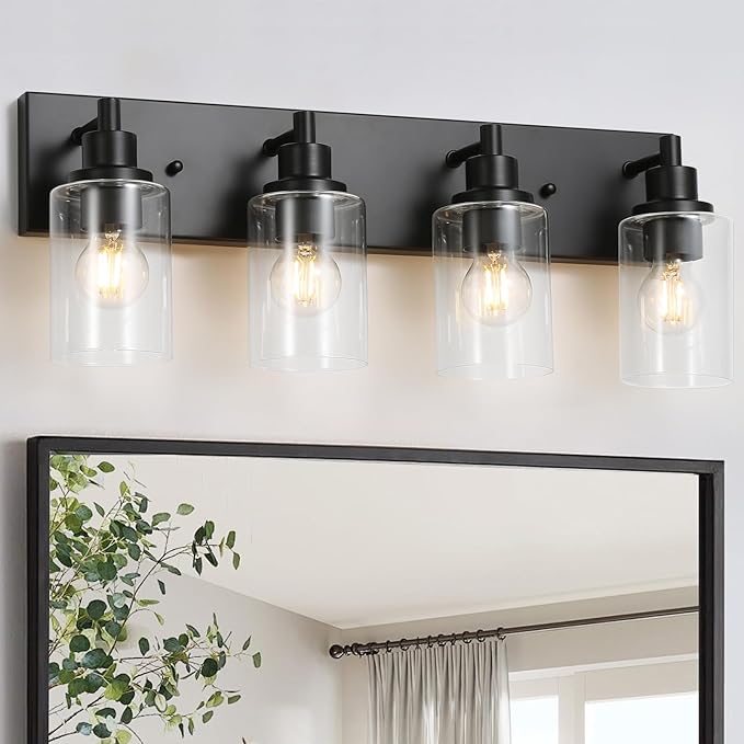 LOUSACE 4 Light Bathroom Vanity Light, Matte Black Bathroom Lighting Fixtures with Clear Glass Shade, Modern Vanity Wall Sconces over Mirror, Farmhouse Black Bath Light Fixture for Bedroom Living Room