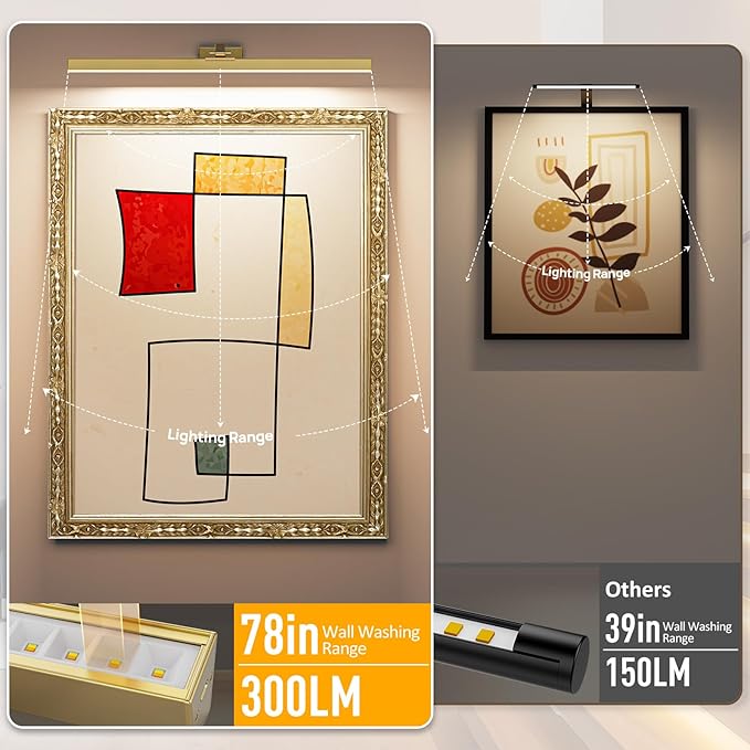 Afyuol Picture Lights for Wall, Brushed Gold Battery Operated Picture Light 24in Art Light CCT Dimmable Recharging Battery Wall Light with Remote Control for Living Room Gallery