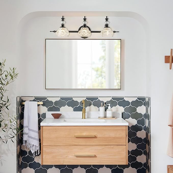 Bathroom Vanity Light Fixtures, Farmhouse Vintage Wall Sconce Lighting with Glass Shade, Bath Vintage Wall Mounted Lamps for Mirror (3 Lights,Matte Black,G9 Base)