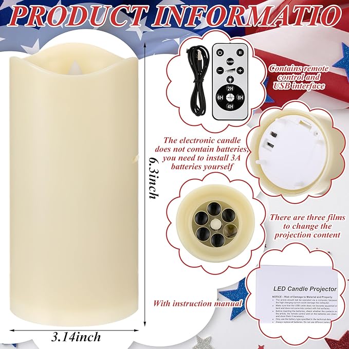 4th of July Flameless Candles Patriotic Projector Lights Red White Blue LED Candle Star Battery Operated Night Light with Remote Timer 250th Anniversary Independence Day Party Indoor Bedroom Decor