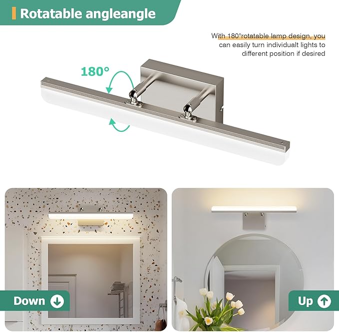 Brushed Nickel Vanity Light, 15.7” Dimmable LED Bathroom Light Bar with 5CCT, Adjustable Angle – Modern Wall Lighting for Bathroom, Powder Room, Bedroom, Apartment, Hotel