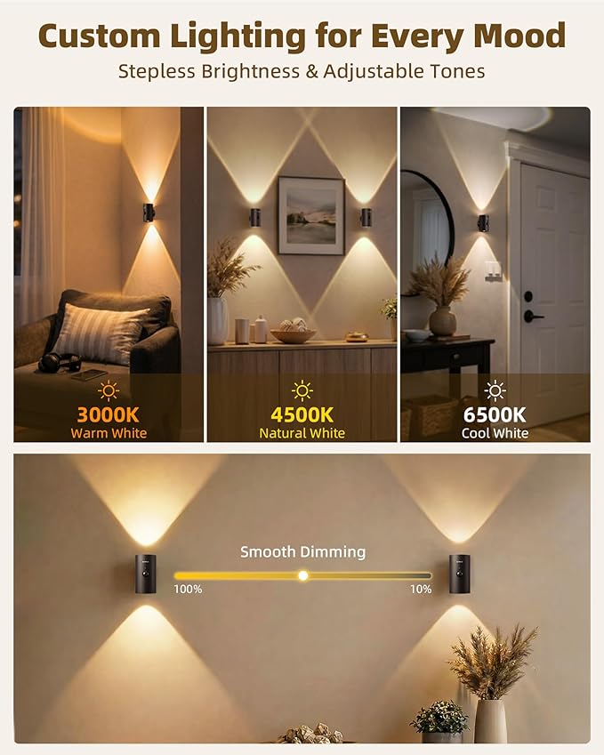 EZVALO Motion Sensor Wall Light, 4000mAh Rechargeable Wall Sconce with Remote, 12 RGB & 3 Color Temps, Up & Down Ambient Lighting for Bedroom, Hallway, Corner Decor (2 Pack, Black)